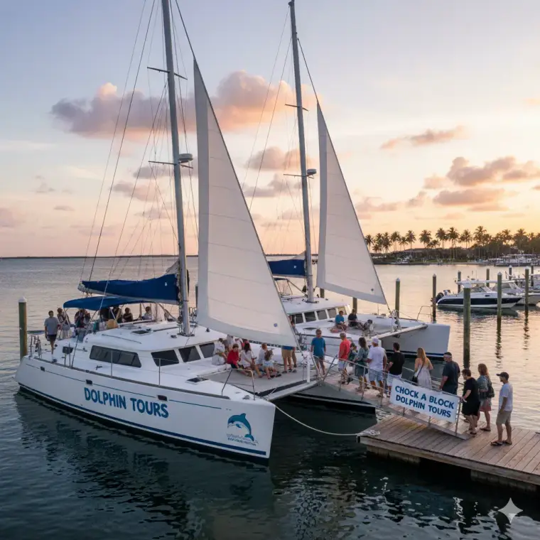 Guests boarding a sailing catamaran for a dolphin tour at sunset
